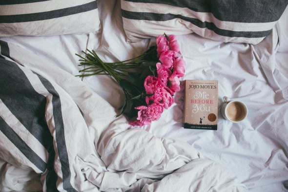 bed, roses, pillows, stripes, covers, book, coffee